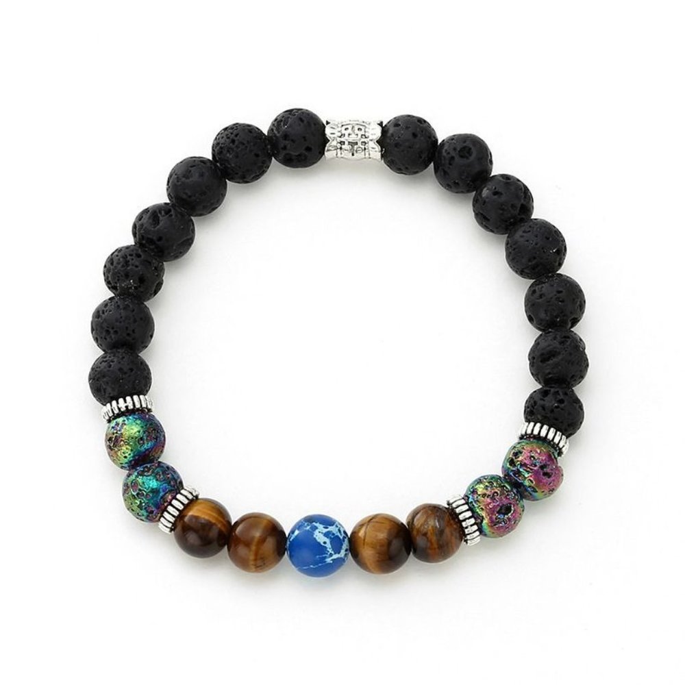 Mens Bracelet Volcanic Rock Tigers Eye Stretch - Picture 2 of 5